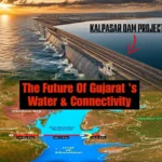 Kalpasar Dam Project concept showing the proposed dam, sea bridge, and freshwater reservoir across the Gulf of Khambhat in Gujarat.