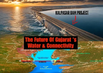 Kalpasar Dam Project concept showing the proposed dam, sea bridge, and freshwater reservoir across the Gulf of Khambhat in Gujarat.
