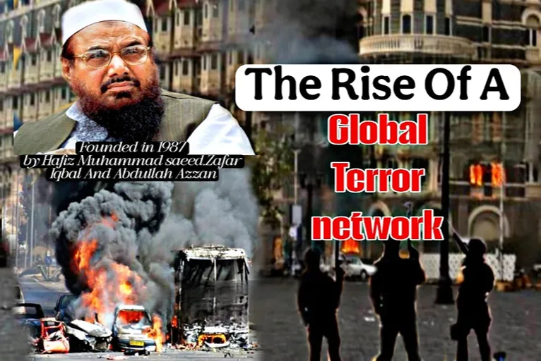 Lashkar-e-Taiba History illustrated through founder Hafiz Muhammad Saeed alongside the 2008 Mumbai attacks, highlighting the group's evolution into a globally designated terrorist organisation.