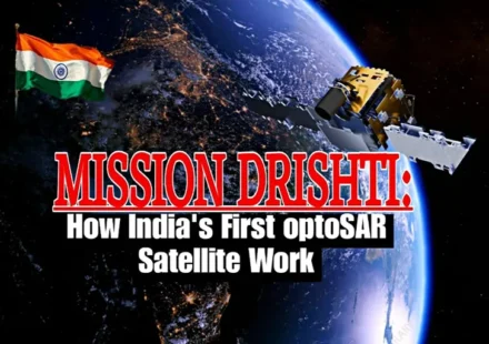 Mission Drishti featured image showing India's first OptoSAR satellite orbiting Earth with the Indian flag in the background.
