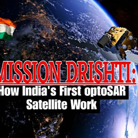 Mission Drishti featured image showing India's first OptoSAR satellite orbiting Earth with the Indian flag in the background.