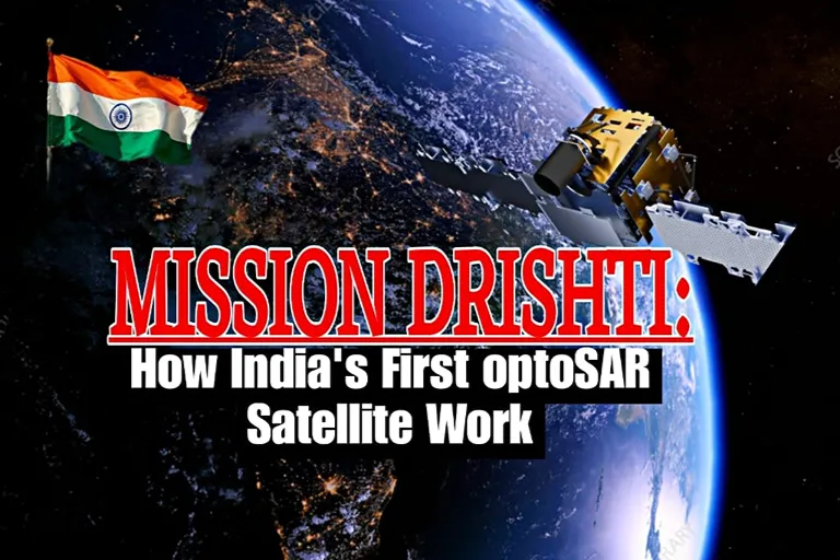 Mission Drishti featured image showing India's first OptoSAR satellite orbiting Earth with the Indian flag in the background.