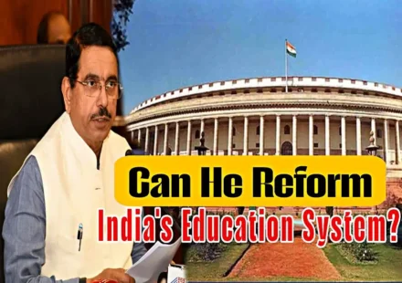 Pralhad Joshi after being appointed India's new Education Minister with the Parliament building in the background and text asking if he can reform India's education system.