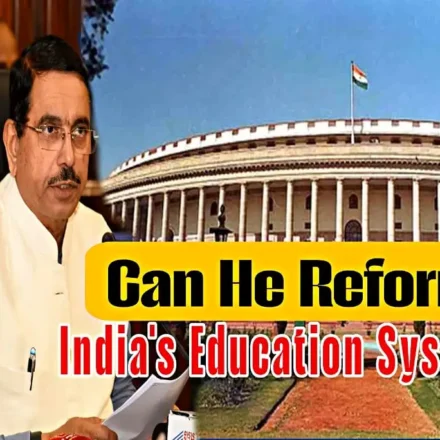 Pralhad Joshi after being appointed India's new Education Minister with the Parliament building in the background and text asking if he can reform India's education system.