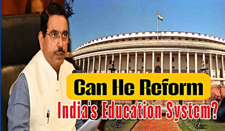 Pralhad Joshi after being appointed India's new Education Minister with the Parliament building in the background and text asking if he can reform India's education system.
