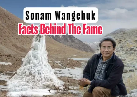 Sonam Wangchuk beside an Ice Stupa in Ladakh, illustrating the Sonam Wangchuk Reality through his climate innovation, education reform, and public influence.