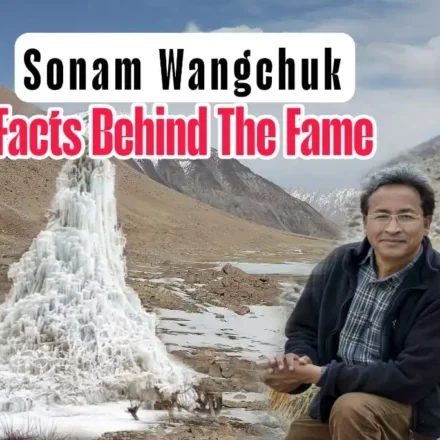 Sonam Wangchuk beside an Ice Stupa in Ladakh, illustrating the Sonam Wangchuk Reality through his climate innovation, education reform, and public influence.
