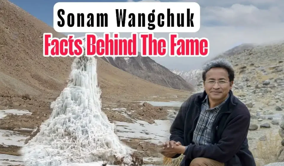 Sonam Wangchuk beside an Ice Stupa in Ladakh, illustrating the Sonam Wangchuk Reality through his climate innovation, education reform, and public influence.
