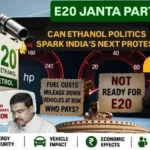 E20 Janta Party illustration showing ethanol fuel pump, Indian vehicles, and public debate over India's E20 fuel policy