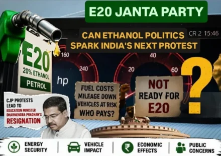 E20 Janta Party illustration showing ethanol fuel pump, Indian vehicles, and public debate over India's E20 fuel policy