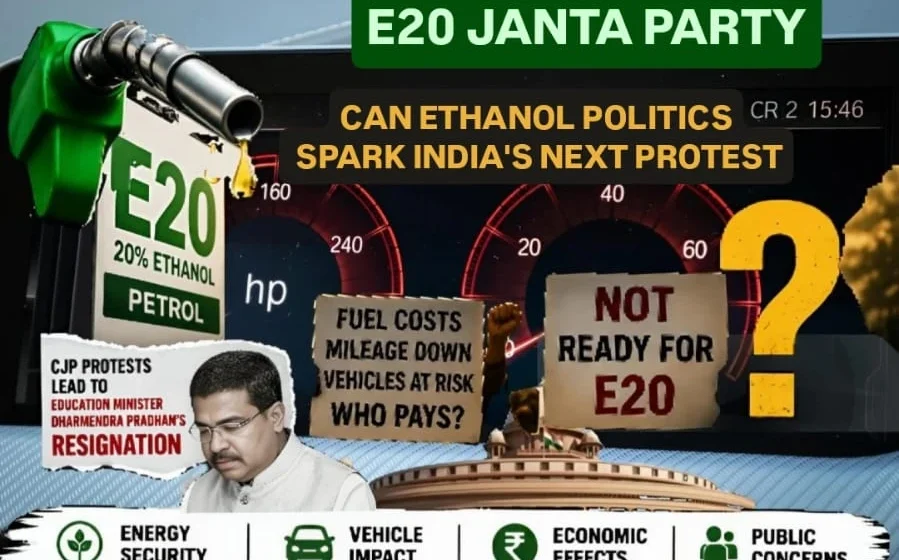 E20 Janta Party illustration showing ethanol fuel pump, Indian vehicles, and public debate over India's E20 fuel policy