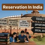 Reservation in India featured image showing Parliament, students, education, equality, and social justice during the ongoing reservation debate.