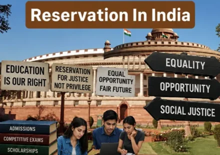 Reservation in India featured image showing Parliament, students, education, equality, and social justice during the ongoing reservation debate.