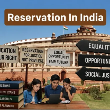 Reservation in India featured image showing Parliament, students, education, equality, and social justice during the ongoing reservation debate.