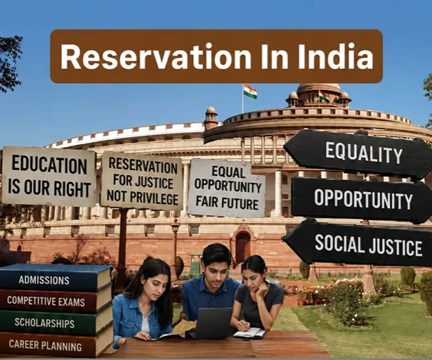 Reservation in India featured image showing Parliament, students, education, equality, and social justice during the ongoing reservation debate.