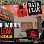 Bank of Baroda Data Leak illustration showing a hacker, Bank of Baroda building, dark web data exposure, and cybersecurity investigation after the reported breach.