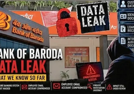 Bank of Baroda Data Leak illustration showing a hacker, Bank of Baroda building, dark web data exposure, and cybersecurity investigation after the reported breach.