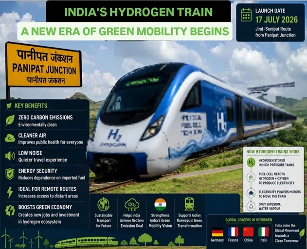 Hydrogen Train India at Panipat Junction showcasing India's first hydrogen-powered passenger train and its clean energy benefits.