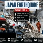 Japan Earthquake aftermath in Kumamoto Prefecture showing damaged infrastructure and emergency response after the 7.1 magnitude earthquake