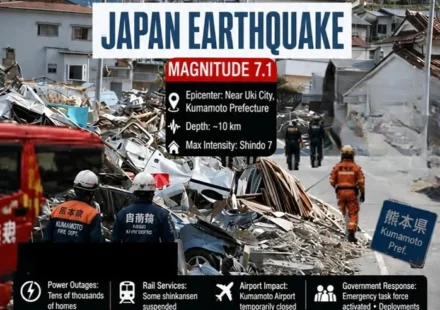 Japan Earthquake aftermath in Kumamoto Prefecture showing damaged infrastructure and emergency response after the 7.1 magnitude earthquake