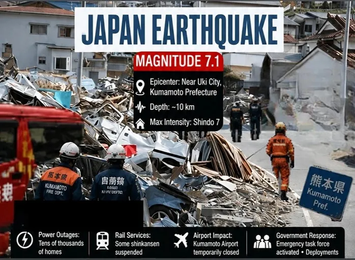 Japan Earthquake aftermath in Kumamoto Prefecture showing damaged infrastructure and emergency response after the 7.1 magnitude earthquake