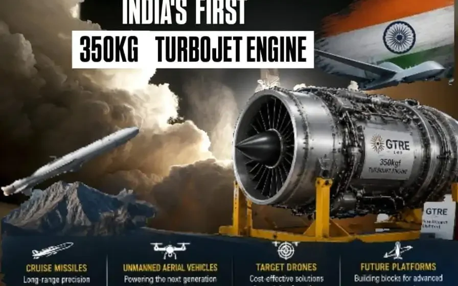 India 350kg Turbojet Engine developed by DRDO showcasing indigenous expendable turbojet technology for defence applications