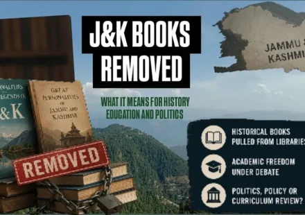 J&K books removed featured image showing Personalities and Legends of J&K and Great Personalities of Jammu and Kashmir with a "Removed" stamp, chained books, and a Jammu & Kashmir map highlighting the debate over history and academic freedom.