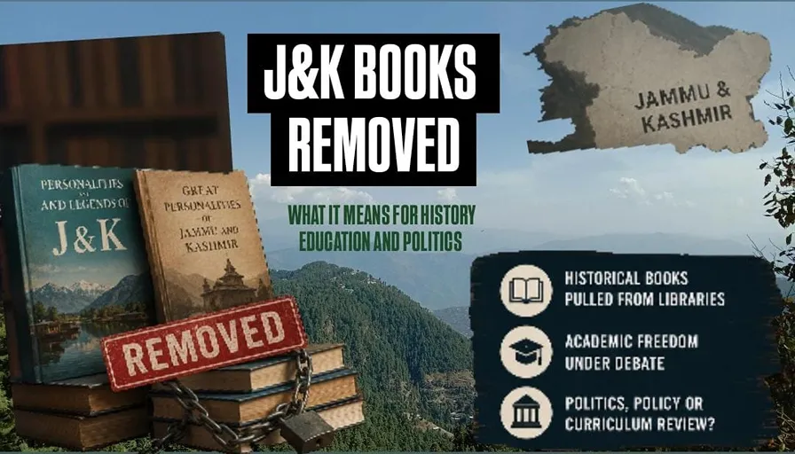 J&K books removed featured image showing Personalities and Legends of J&K and Great Personalities of Jammu and Kashmir with a "Removed" stamp, chained books, and a Jammu & Kashmir map highlighting the debate over history and academic freedom.