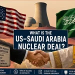 US Saudi Nuclear Deal illustration showing US and Saudi Arabian flags, a handshake, nuclear power plant, and civilian nuclear cooperation