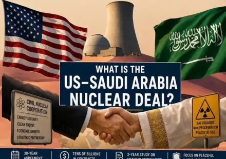US Saudi Nuclear Deal illustration showing US and Saudi Arabian flags, a handshake, nuclear power plant, and civilian nuclear cooperation