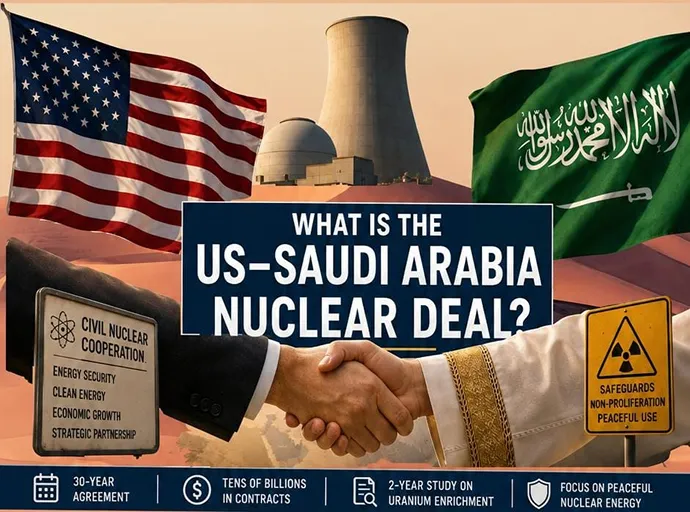 US Saudi Nuclear Deal illustration showing US and Saudi Arabian flags, a handshake, nuclear power plant, and civilian nuclear cooperation