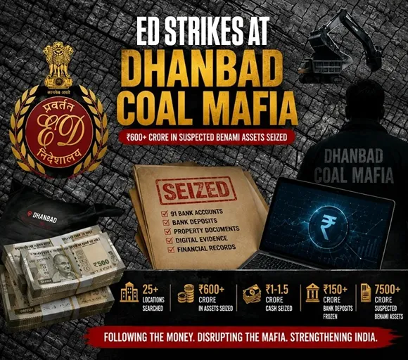 Dhanbad Coal Mafia crackdown as the Enforcement Directorate uncovers over ₹600 crore in suspected benami assets during raids across Jharkhand.