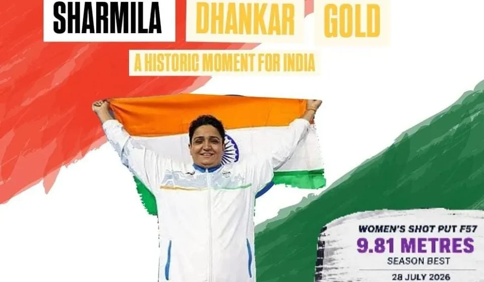 Sharmila Dhankar Gold celebration after winning India's first Commonwealth Games para-athletics gold in the Women's Shot Put F57 event on 28 July 2026.