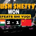 Ayush Shetty recent win as he celebrates his 2-1 victory over Shi Yu Qi with India and China flags displayed.