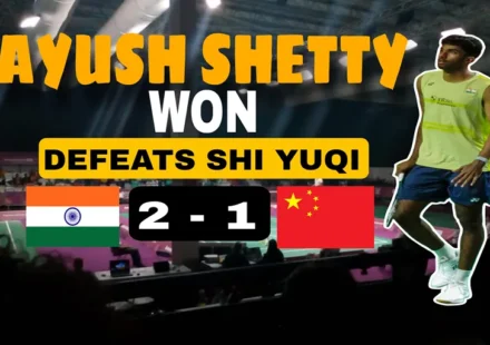 Ayush Shetty recent win as he celebrates his 2-1 victory over Shi Yu Qi with India and China flags displayed.