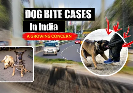 Dog Bite Cases in India showing a dog attacking a person on a busy Indian road