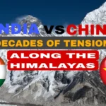 India China Border Dispute along the Himalayas with India and China flags