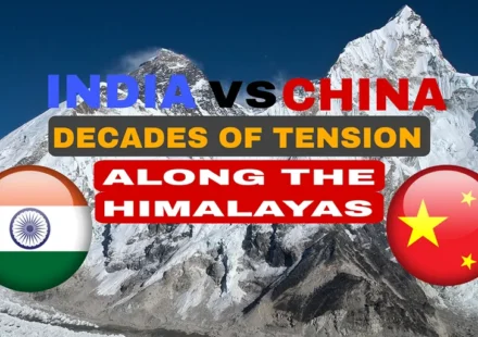 India China Border Dispute along the Himalayas with India and China flags