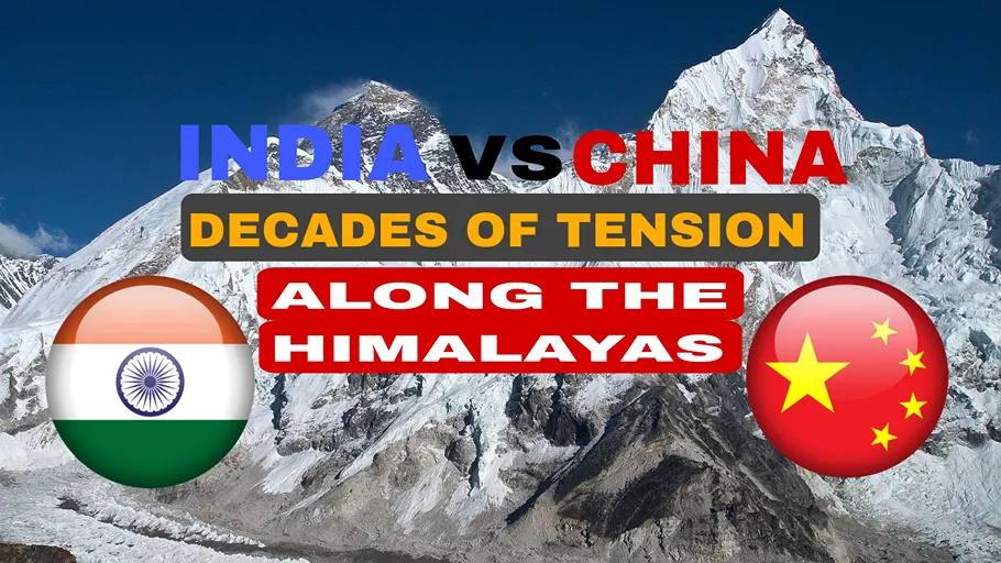 India China Border Dispute along the Himalayas with India and China flags