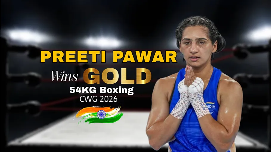 Preeti Pawar Commonwealth Games 2026 gold medal winner celebrating victory in the women's 54kg boxing event for India