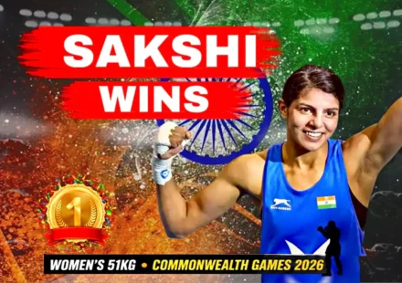 Sakshi Chaudhary celebrates after winning the women's 51kg boxing gold medal for India at the Commonwealth Games 2026 in Glasgow.