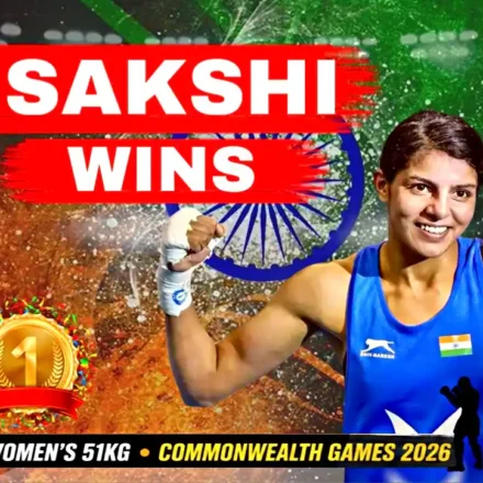 Sakshi Chaudhary celebrates after winning the women's 51kg boxing gold medal for India at the Commonwealth Games 2026 in Glasgow.