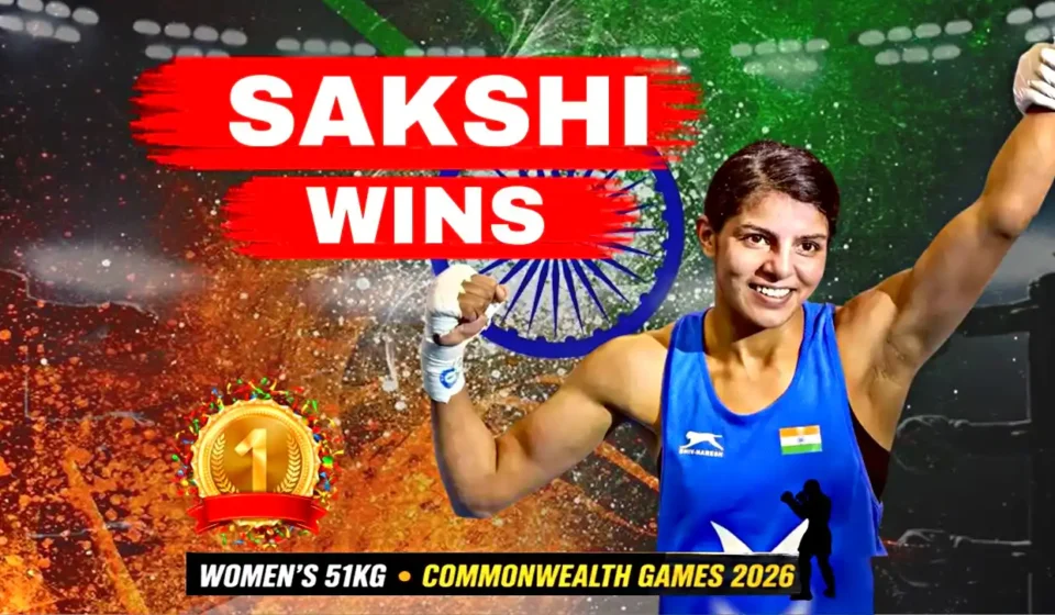 Sakshi Chaudhary celebrates after winning the women's 51kg boxing gold medal for India at the Commonwealth Games 2026 in Glasgow.