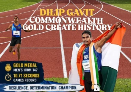 Dilip Gavit Commonwealth Gold celebration after winning the men's 100m T47 at the Commonwealth Games with a Games record of 10.71 seconds while holding the Indian flag.