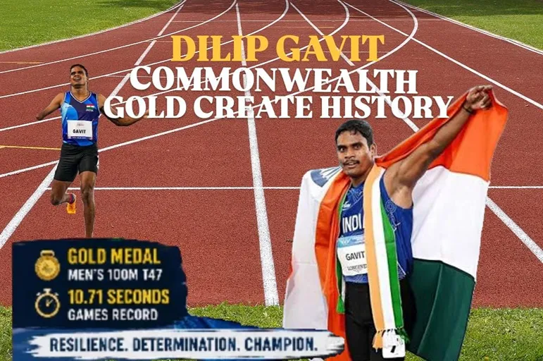 Dilip Gavit Commonwealth Gold celebration after winning the men's 100m T47 at the Commonwealth Games with a Games record of 10.71 seconds while holding the Indian flag.