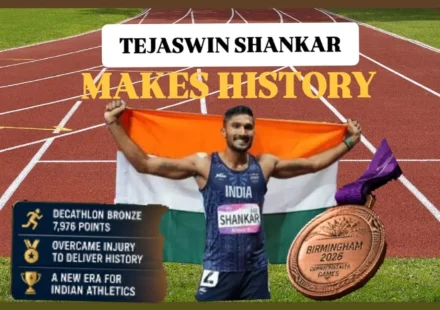 Tejaswin Shankar Commonwealth Games bronze medal celebration after becoming India's first men's decathlon medallist at the 2026 Commonwealth Games.
