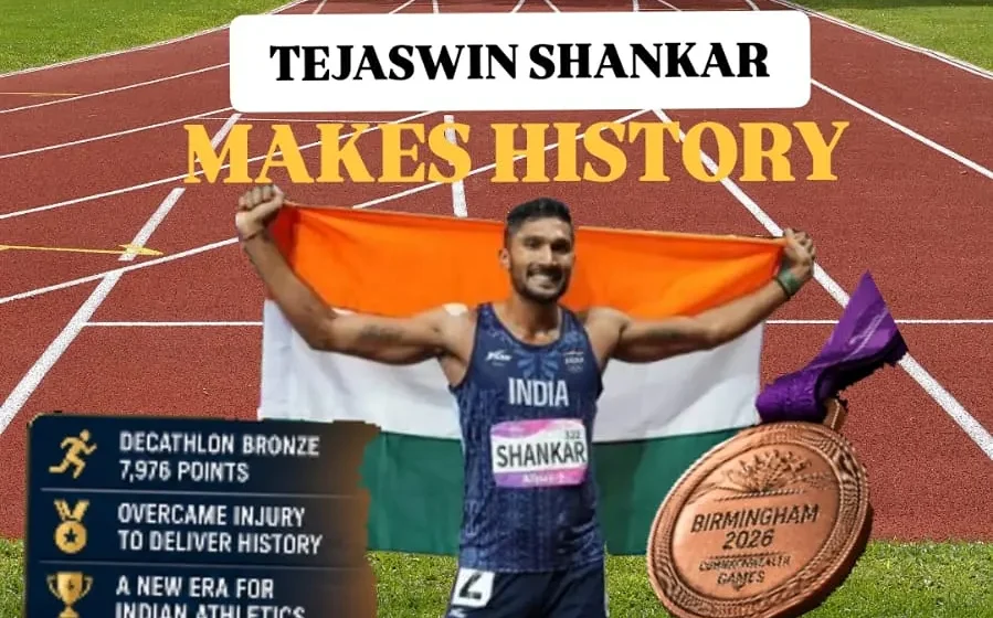 Tejaswin Shankar Commonwealth Games bronze medal celebration after becoming India's first men's decathlon medallist at the 2026 Commonwealth Games.