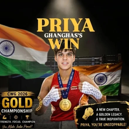 Priya Ghanghas CWG Gold winner celebrating after winning the women’s 60kg boxing title at Commonwealth Games 2026