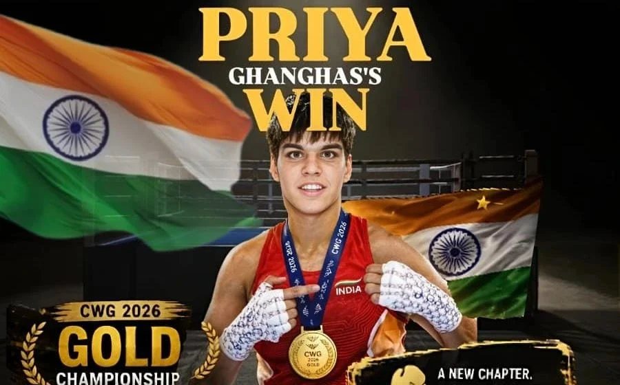 Priya Ghanghas CWG Gold winner celebrating after winning the women’s 60kg boxing title at Commonwealth Games 2026