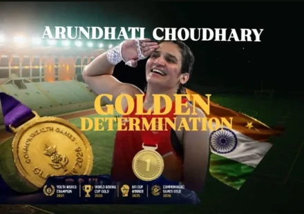 Arundhati Choudhary celebrates after winning the 2026 Commonwealth Games boxing gold medal in Glasgow.